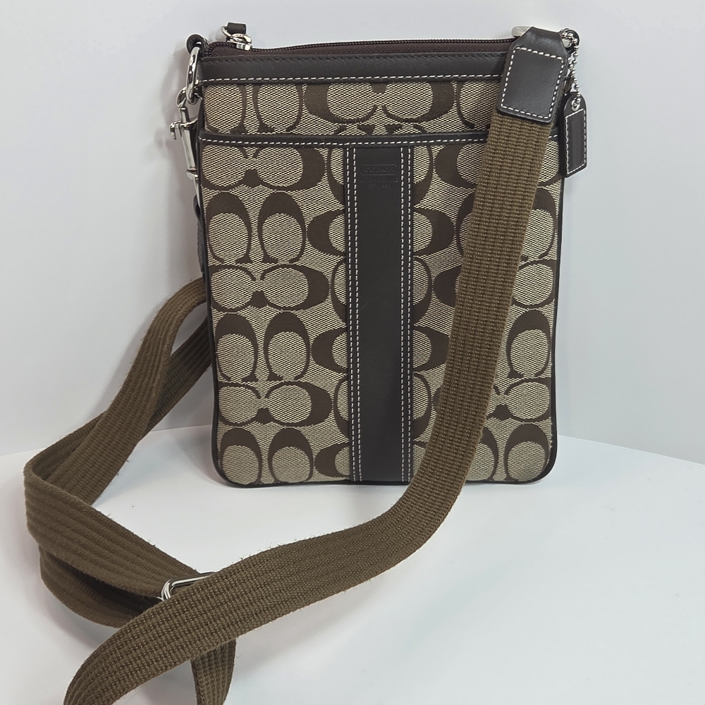 coach brown tan canvas leather small messaenger bag signature c crossbody